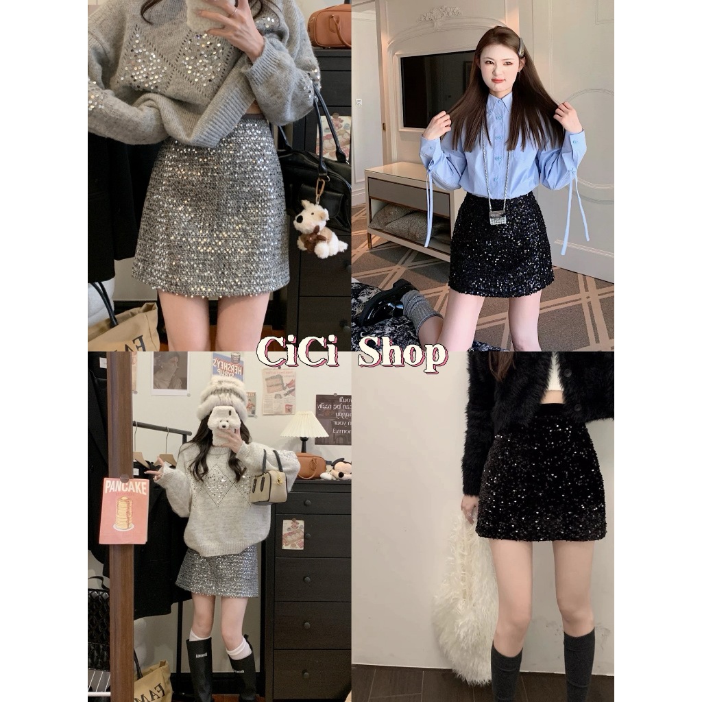 Cicishop(0797)กระโปรงสั้นทรงเอ ประดับเพรชวิ้งค์ๆสาวแซ่บต้องตำ