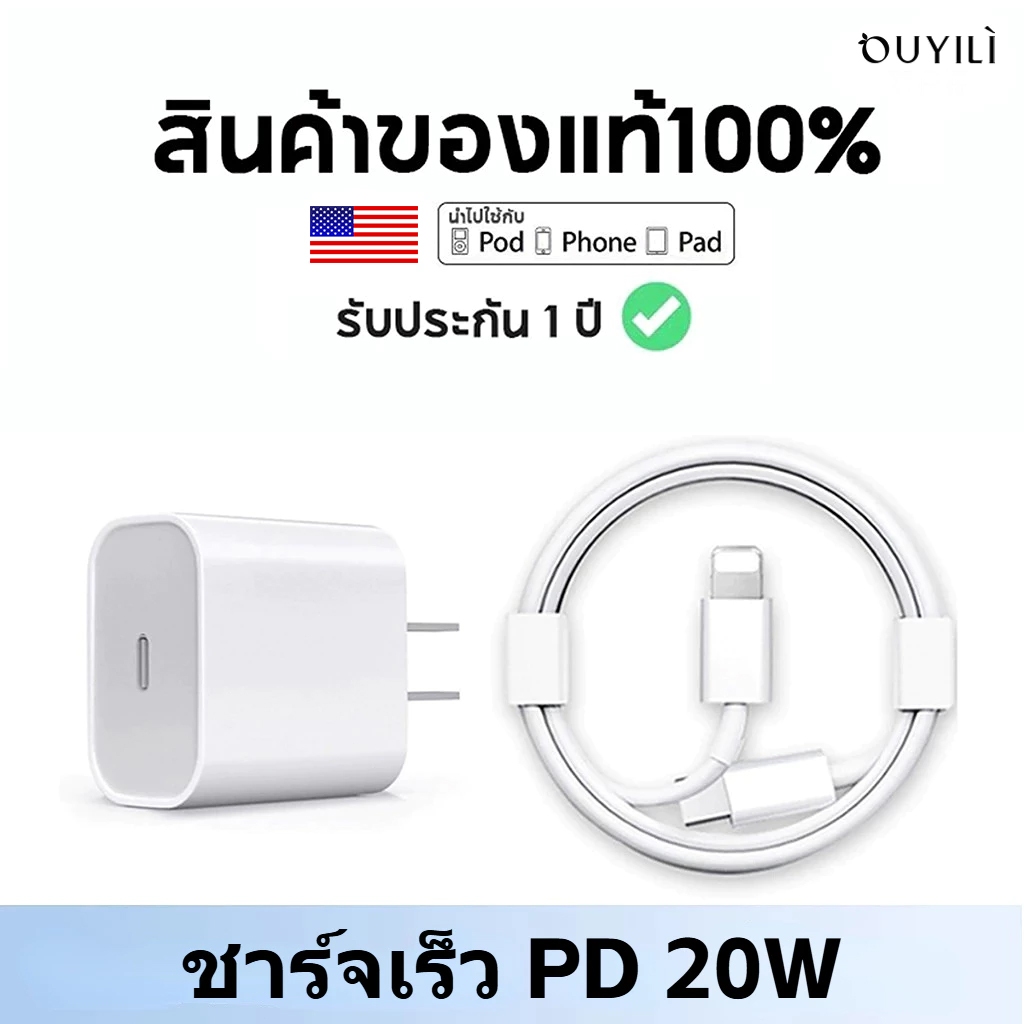 การรับประกัน 1 ปี สายชาร์จ ชาร์จไว PD 20W สายชาต หัวชาร์จ รองรับ ซีรีส์ทั้งหมด【5~14Pro Max/Pad】