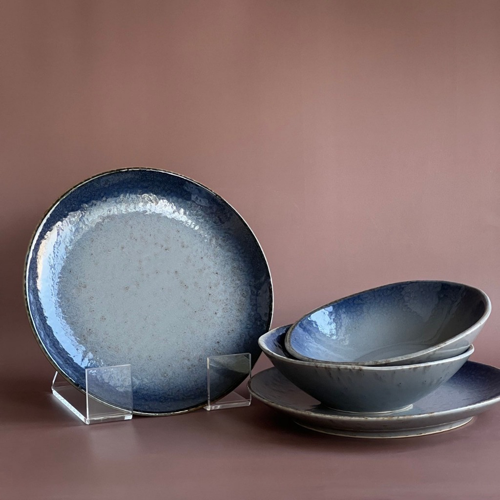 จาน ชาม เซรามิค สีเทาขอบสีน้ำเงิน - AT1CERAMIC