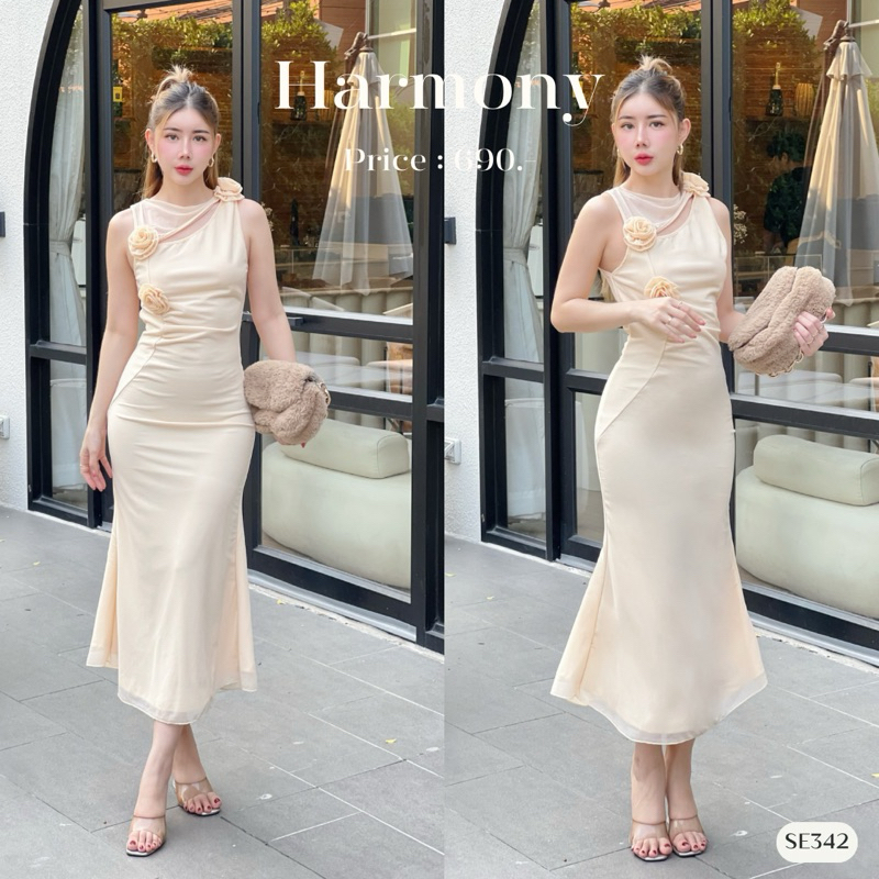 เดรสยาว เดรสแขนกุด เดรสสีครีม ดีเทลกุหลาบ มีซับใน SE342 l Harmony