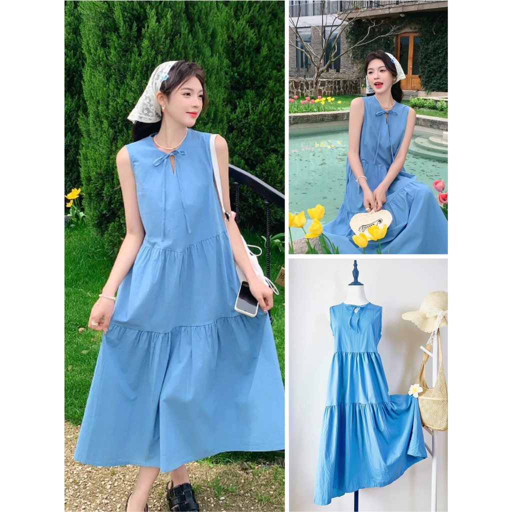พร้อมส่ง เดรสแขนกุด ชุดเดรสยาว เดรสคอกลม ชุดเที่ยวทะเล เนื้อผ้าใส่สบาย เดรสทรงหลวม