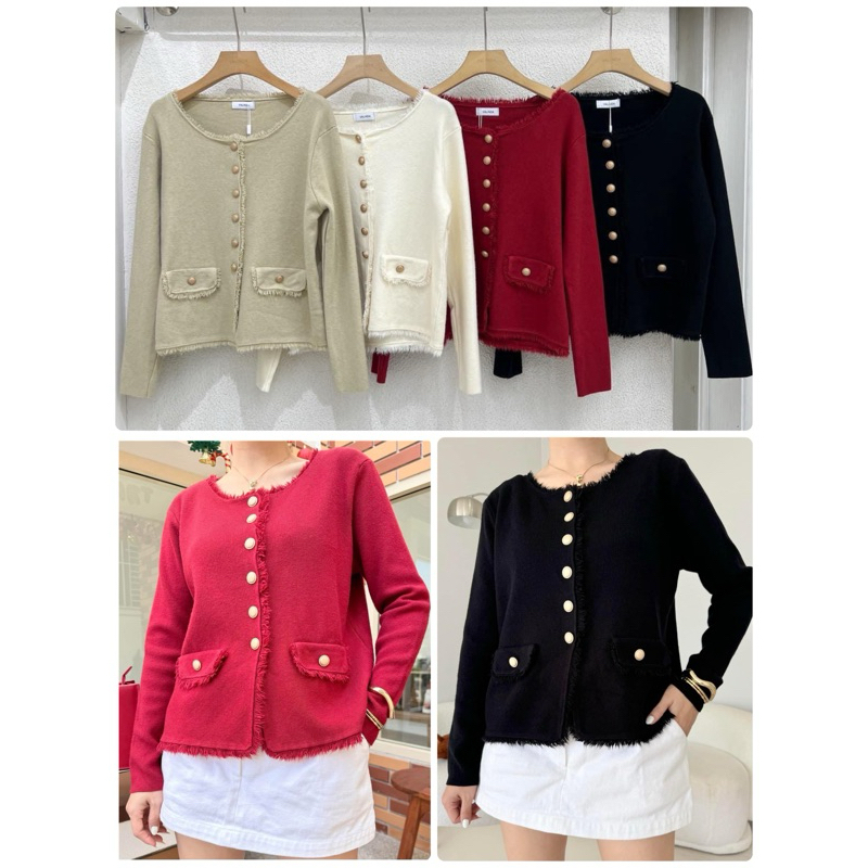 PLOYNAPAS - Cardigan แขนยาวผ้าทอ งานกระดุมสีโรสโกลด์