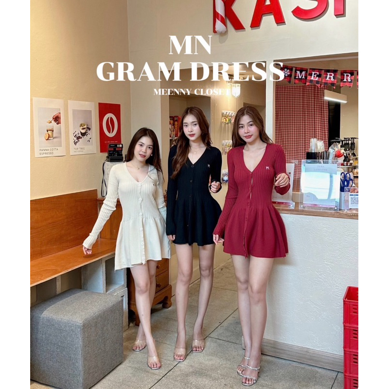 Meenny Closet| GD09 มินิเดรสไหมพรมแขนยาวกระดุมแต่ง