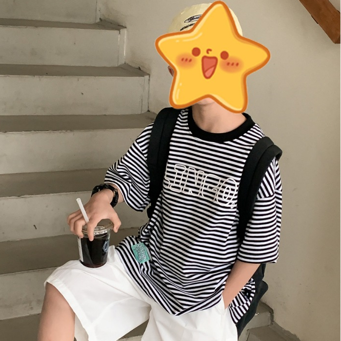 [ส่งไวจากไทย] -แค่เสื้อ-เสื้อยืดคอกลมเด็ก เสื้อแขนสั้นลายริ้ว สกรีนLINGO ทรงโอเวอร์ไซส์ ผ้านิ่ม เท่ๆ เหมาะสำหรับ 5-14 ปี