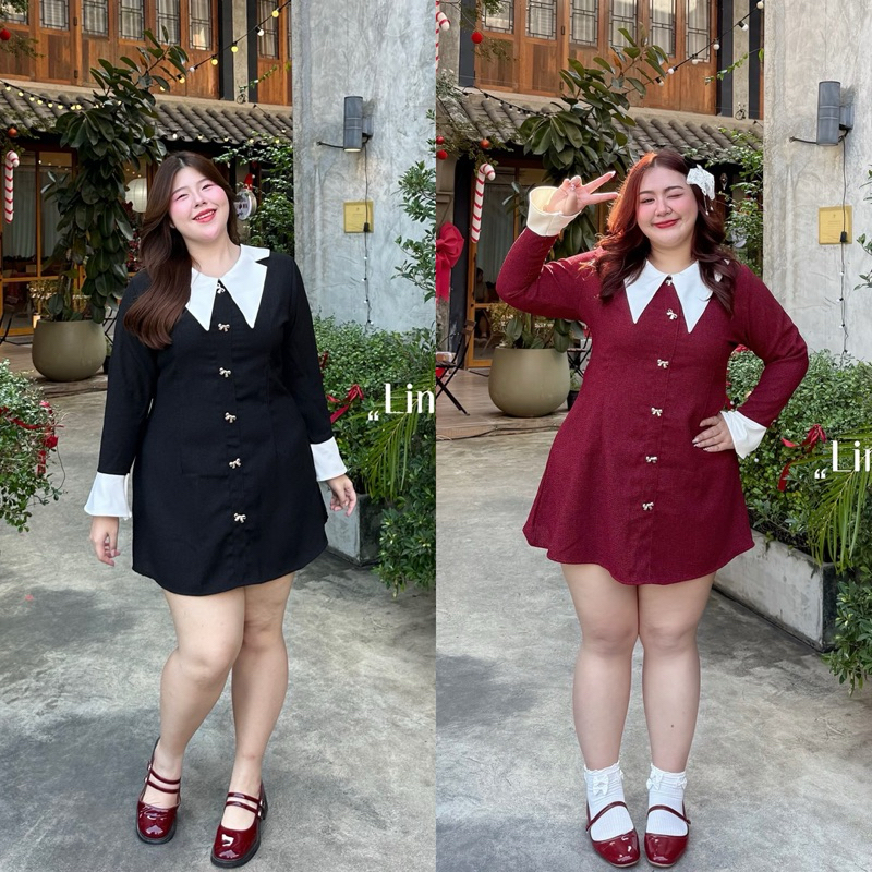 /LD/ เดรสสาวอวบ มีไซส์อก40-52 งานผ้าทอ กระดุมโบว์ ตีเกล็ดเข้ารูป #เสื้อผ้าไซส์ใหญ่ สาวอวบอ้วน พลัสไซส์