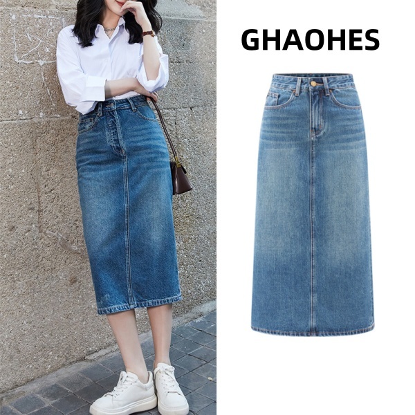 GHAOHES กระโปรงยีนส์มิดี้เอวสูงวินเทจผ่าหลัง ดูดี สไตล์เกาหลี ดูเด็ก เข้ารุ่น AV100
