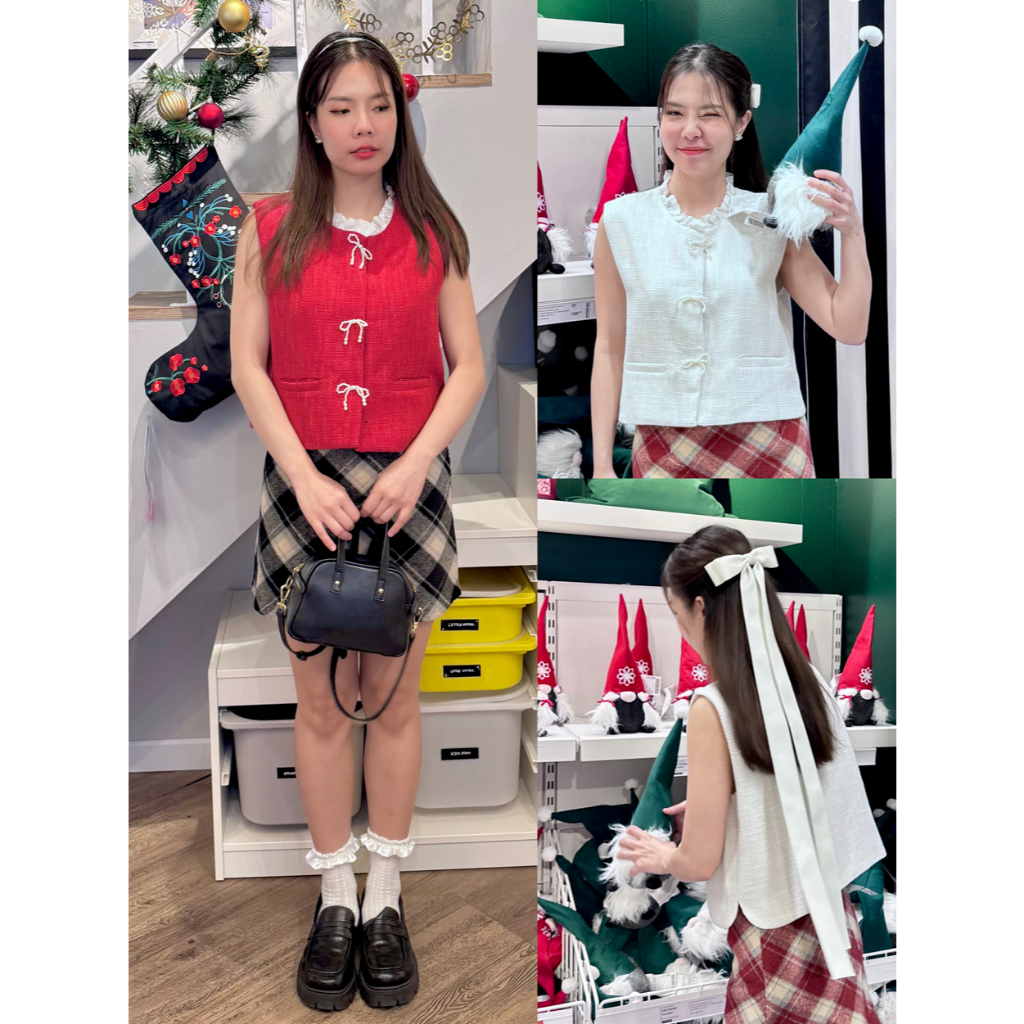 FABGIRL : FW24-019 Best wishes top เสื้อ เสื้อคลุม เสื้อกั๊ก ปักมุก โบว์ (ขาว แดง)