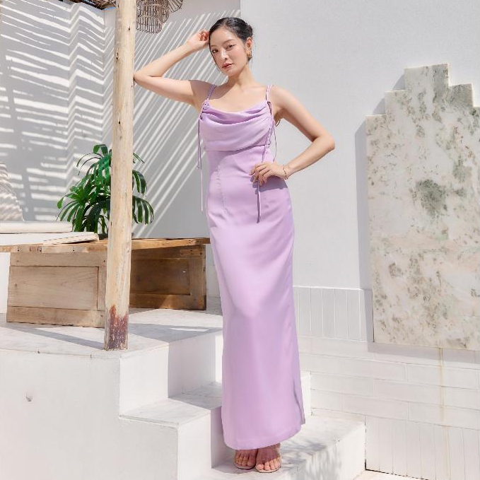 Wisher | Kira Long Dress ชุดเดรสซาตินสายเดี่ยว คอถ่วง ชุดเดรสออกงาน