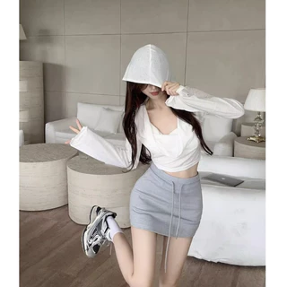 เสื้อครอปฮู้ดสีขาว/สีดำ แขนกระดิ่ง ทรงคอห้อย ไม่มีซับใน ผ้าซีทรู แมทซ์กับเกาะอก ใส่เป็นเสื้อคลุมได้ #087