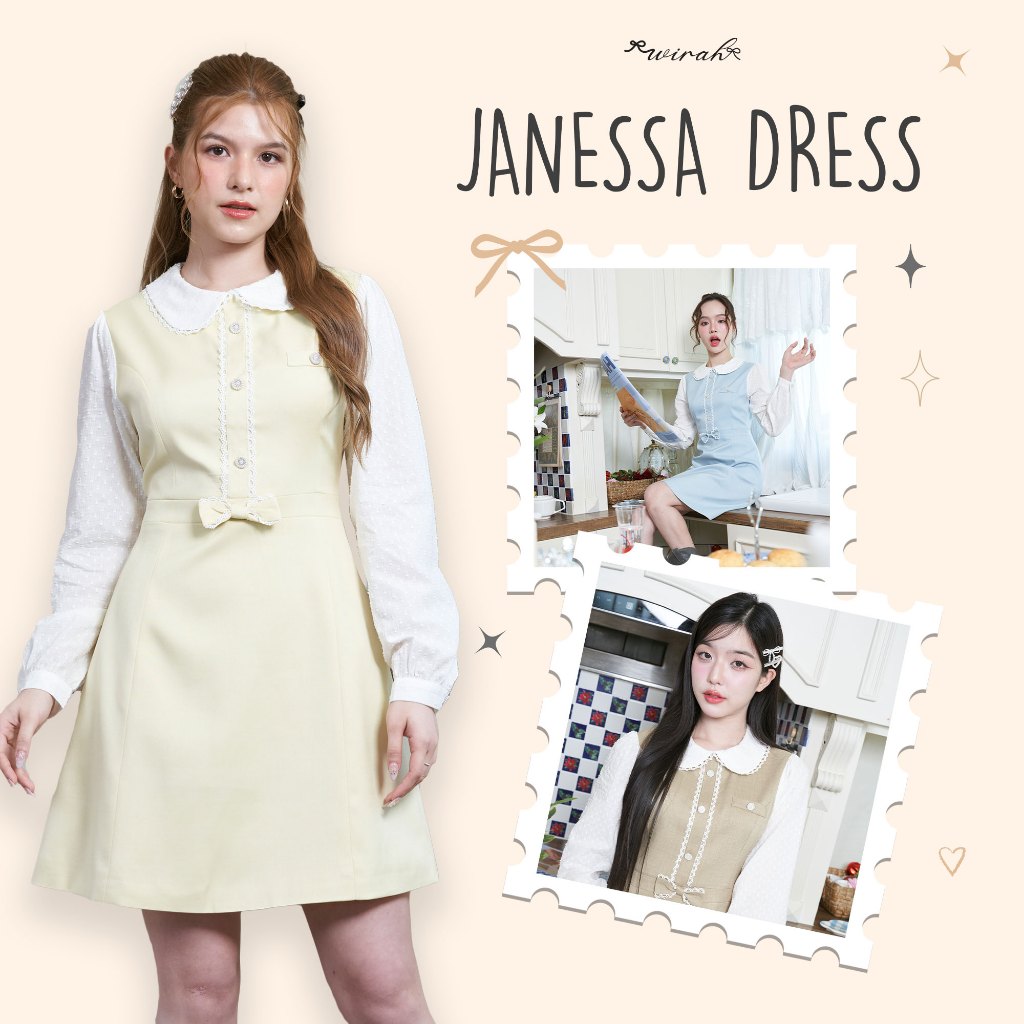 Janessa Dress : WD01 ชุดเดรสผ้า Poly Viscose ปกบัวผ้า cotton ทอลายจุด แต่งด้วยลูกไม้ ติดดกระดุม