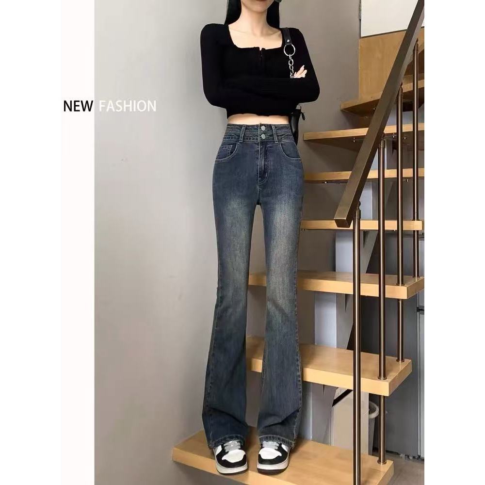 ใครใส่ก็ดูดี~สาวฮอต สีน้ำเงินเข้ม เอวสูง ย้อนยุค กางเกงยีนส์ ผ้ายืด แฟชั่น กางเกงขาบาน กระดุมคู่ - รูปที่ 6