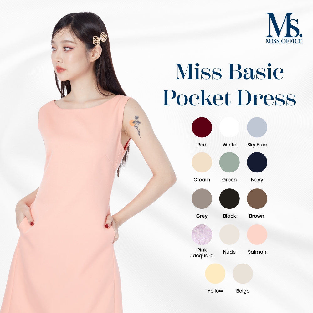 (ความยาว 36 นิ้ว) [ส่งฟรี] Miss Office (Best Seller) เดรสแขนกุด แต่งกระเป๋าข้าง MD-002