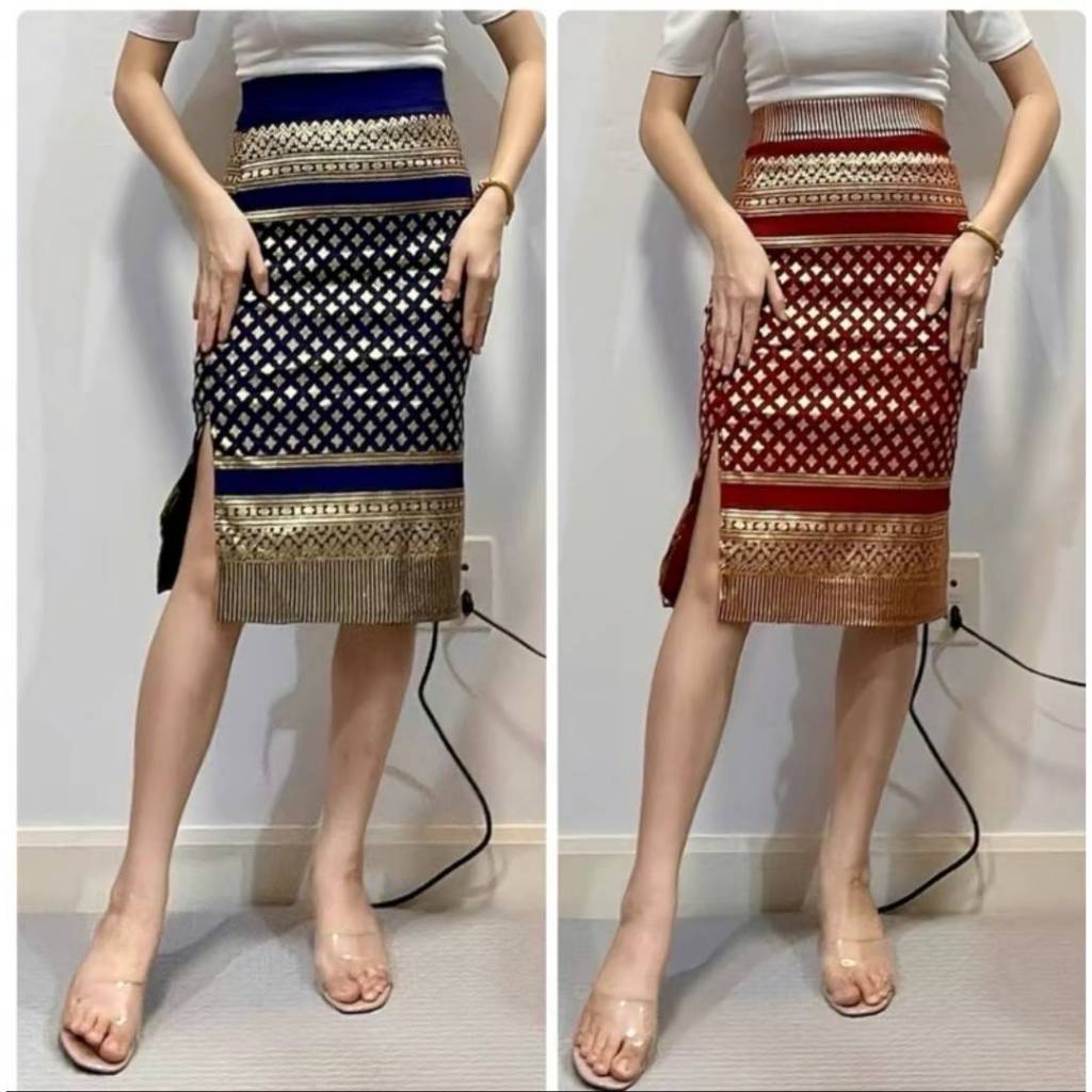 ผ้าถุงสกินนี่ยาวคลุมเข่า26นิ้วลายพิกุลรุ่นผ่า