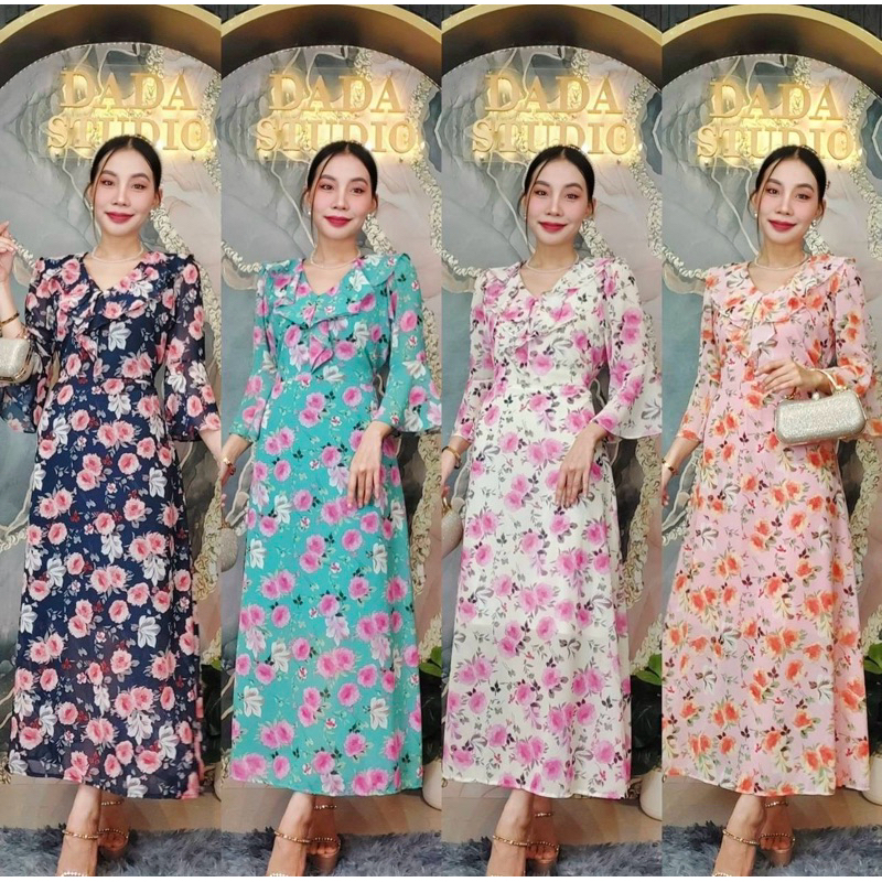 พร้อมส่ง เดรสสาวอวบแขนยาวผ้าชีฟองทรงเอลายดอก มีอก 38 กับ อก42