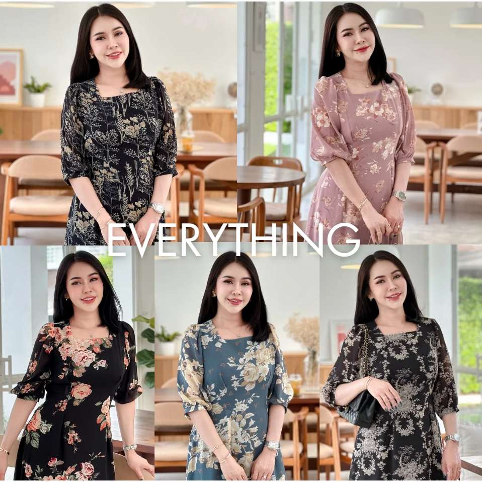 Everything2019 เดรสยาวคอเหลี่ยม แขน5ส่วน ซิปหลังมีเชือกผูก ซับในทั้งตัว มีถึงอก48 (1963-1)