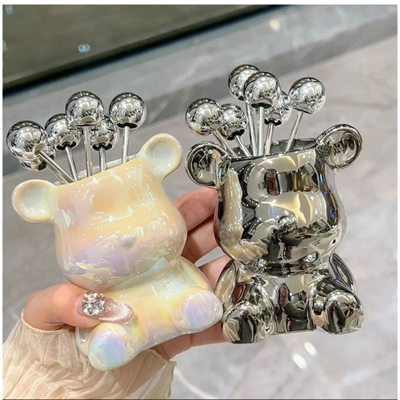(พร้อมส่ง) ชุดส้อมจิ้มผลไม้ ส้อมจิ้มผลไม้ แก้วรูปหมี เซท6ชิ้นพร้อมแก้วใส่ สวย หรู ส่งไว
