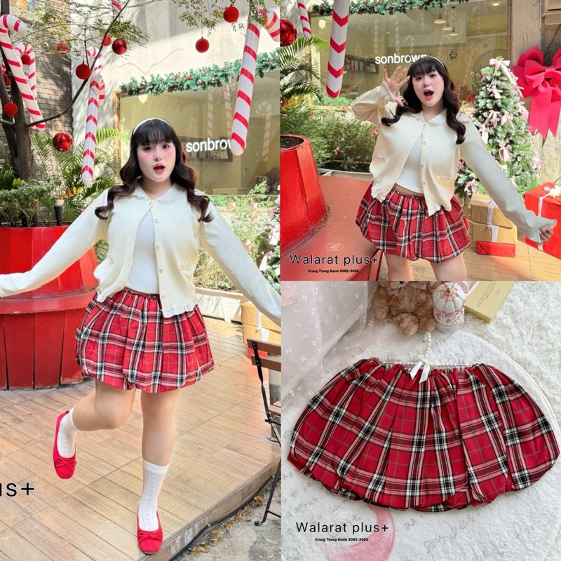 (WR) กระโปรงบอลลูน ลายสก๊อตสีแดง น่ารักมากๆ เหมาะกับเทศกาลมากๆ เสื้อผ้าสาวอวบอ้วน พลัสไซส์ ไซส์ใหญ่