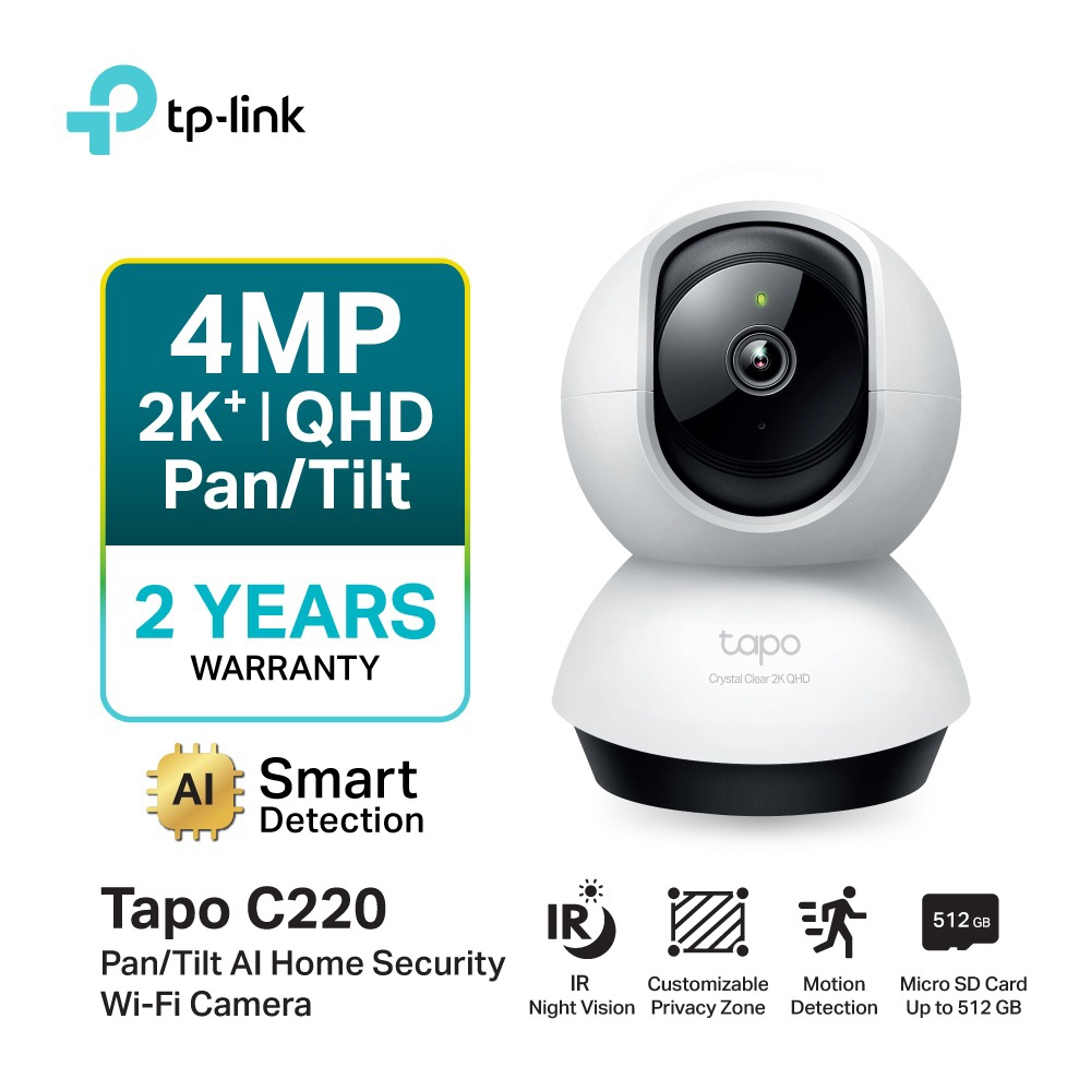 TP-Link Tapo C220 ฟรีคลาวด์ กล้องวงจรปิดไร้สาย 4MP 2K+ QHD คมชัดพิเศษ 360º มี Smart AI แยกได้ทั้งคน สัตว์ พาหนะ