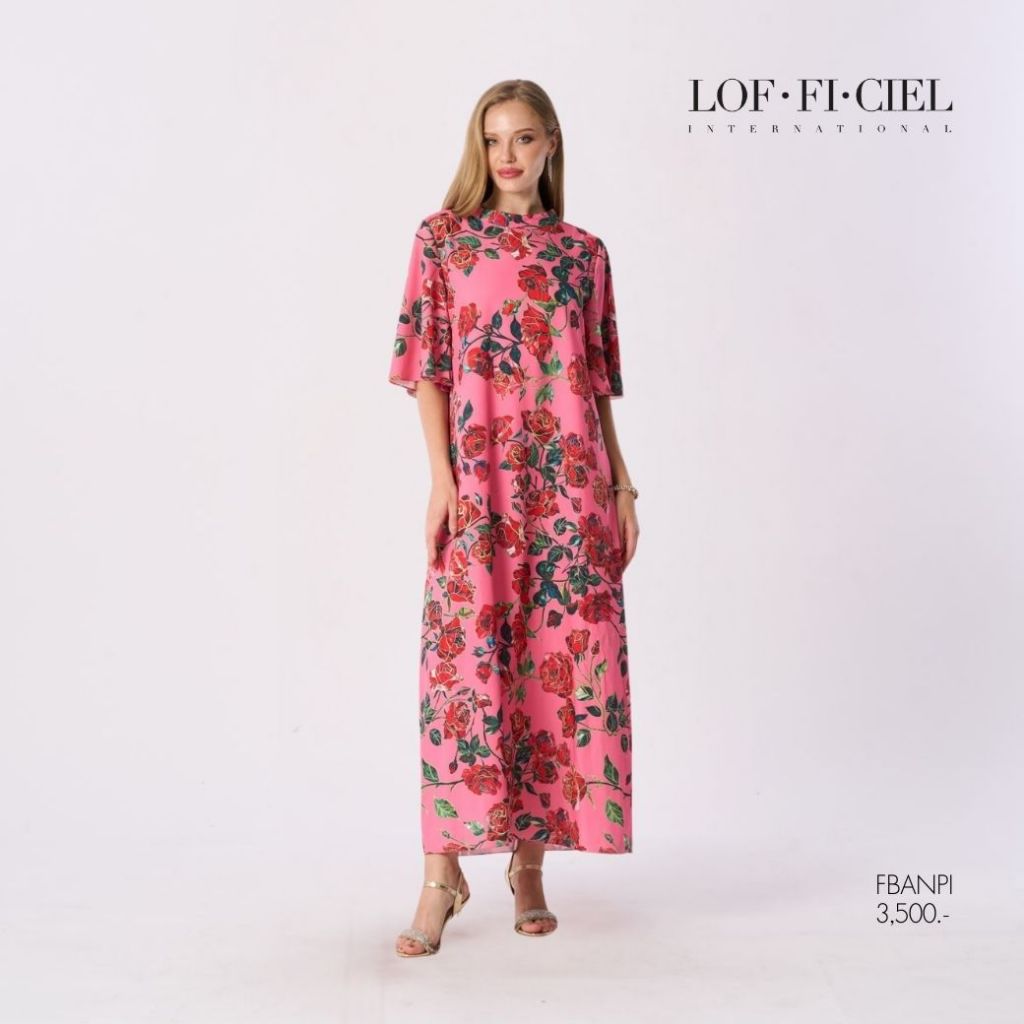 LOF-FI-CIEL เดรสยาว Stained glass Rose ทรงเอ แขนระบาย สีชมพู FBANPI