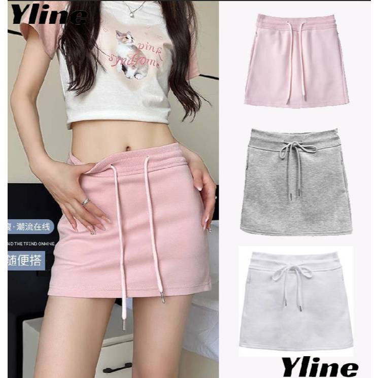 YLINE กระโปรงสั้นทรงสปอร์ตมีเชือกรูด เอวสูง กระโปรงทรงเอคลุมสะโพกอเนกประสงค์ มีหลายสีให้เลือก