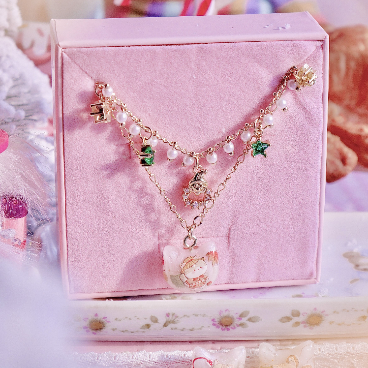 M414 สร้อยคอเลเยอร์เหมียวเหมียวชอบกินขนม 14K CZ 43 - 48 cm พร้อมกล่องชมพู