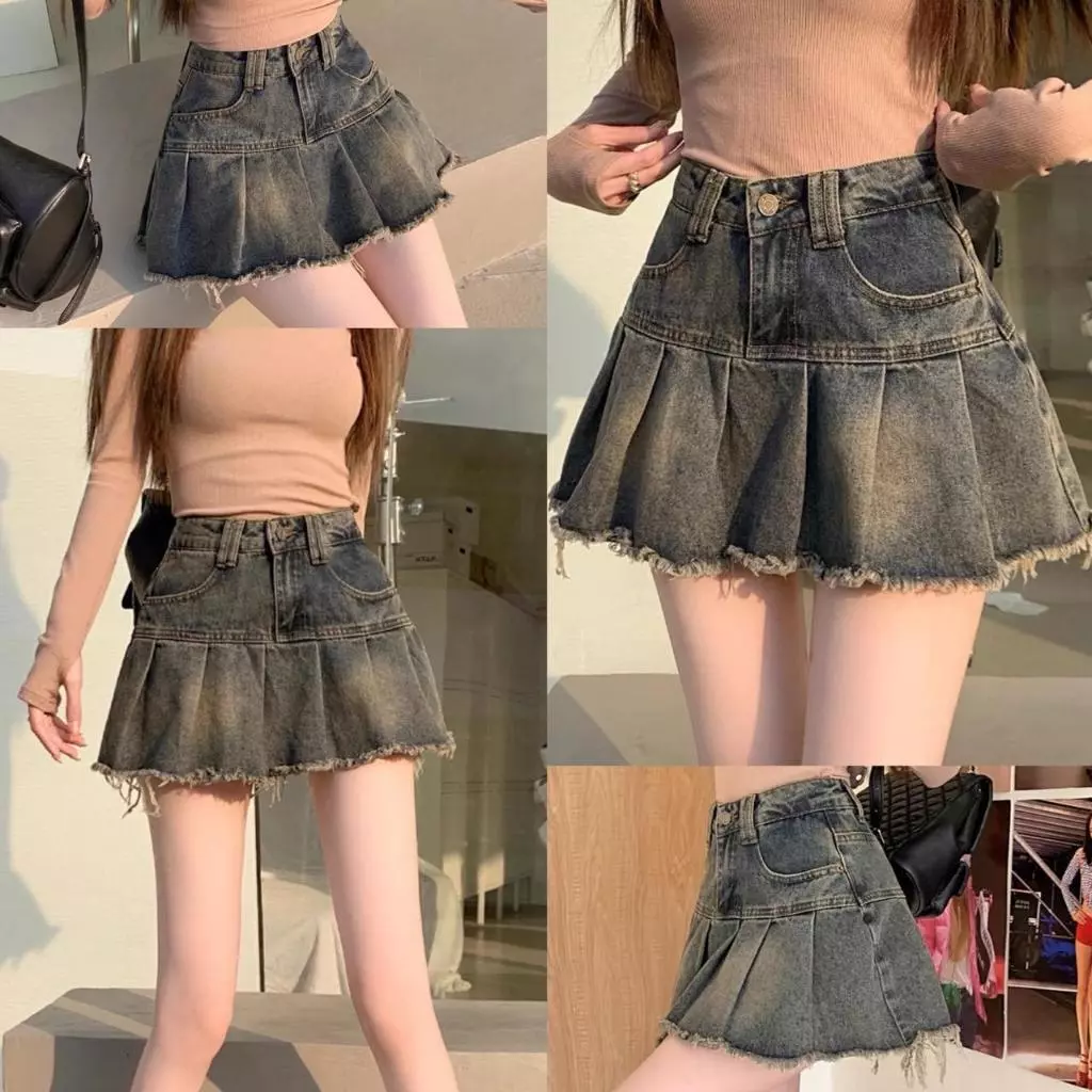 NEW SIZE XS-12XL 1783กระโปรงเอวสูงสไตล์เกาหลี กระโปรงยีนส์อัดพลีท ตกเเต่งสียีนส์ฟอก