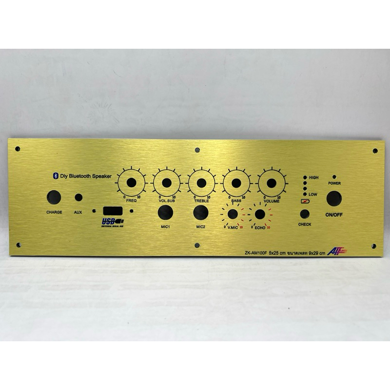 เพลทลำโพงบูลทูธ รุ่น ZK-AM100F  วัตแบตเม็ดไฟ ช่องเพลท5*25ขนาดแผ่น29x9ซมเพลทคอมโพสิตสีทอง สวิตช์เปิดป
