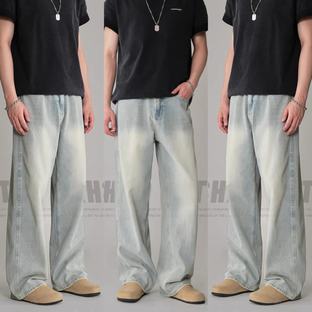 baggy jeans ชาย ทรงขากระบอก ยีนส์สีสนิม ย้อนยุค ขากว้าง ตรง สไตล์อเมริกัน