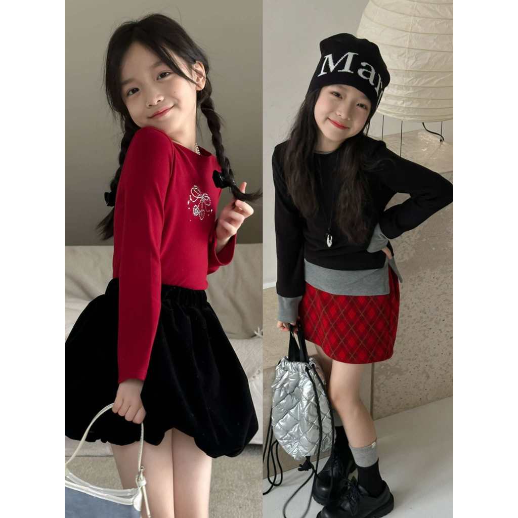 (พร้อมส่ง)(ขายแยกชิ้น) NO.784 เสื้อสีแดงแขนยาว//NO.785 กระโปรงบอลลูนสีดำ//NO.786 เสื้อแขนยาวสีดำ//NO.787 กระโปรงลายสก็อต