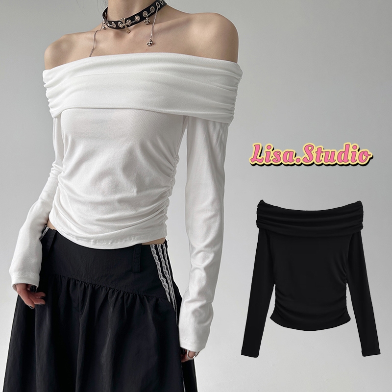 Lisaพร้อมส่ง💞เสื้อเซ็กซี่ผู้หญิง เสื้อยืดปาดไหล่แขนยาว สีพื้นเอวลอยทรงรัดรูป เสื้อยืดสีขาวไหล่เดียวสไตล์สวาเกาหลีเกาหลี