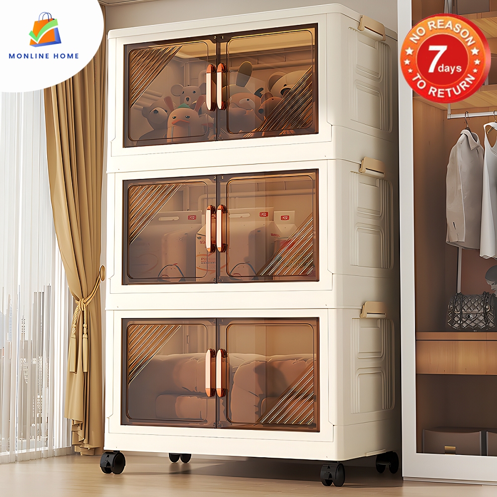 กล่องเก็บของแบบใส ตู้อเนกประสงค์ ความจุขนาดใหญ่ มีล้อเลื่อน ตู้เก็บของแบบพับได้ ✨Voucher Code: MONLA