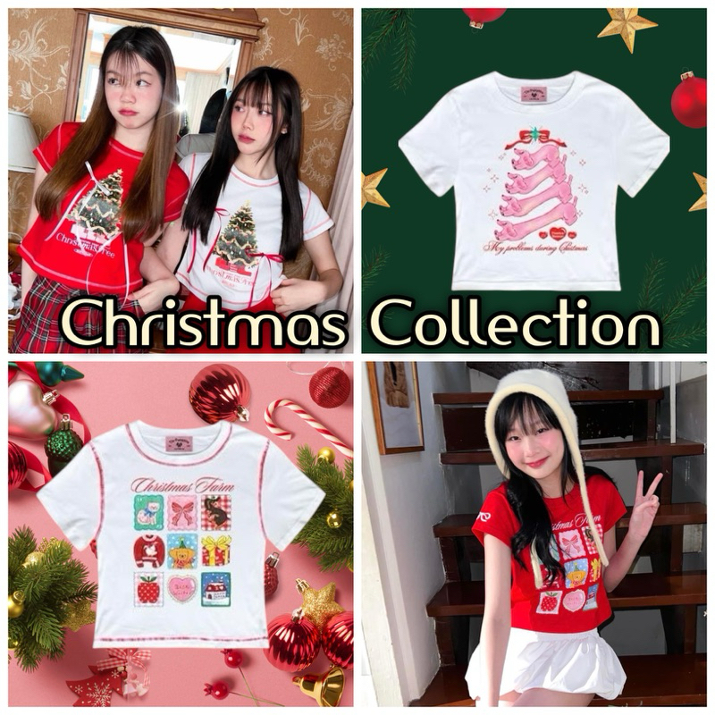 เสื้อ Baby tee ลาย Christmas ลายน่ารักมาก ผ้าคอตตอนแท้ มีโบว์แถมให้เฉพาะลายต้นคริสมาส ติดถอดเองได้