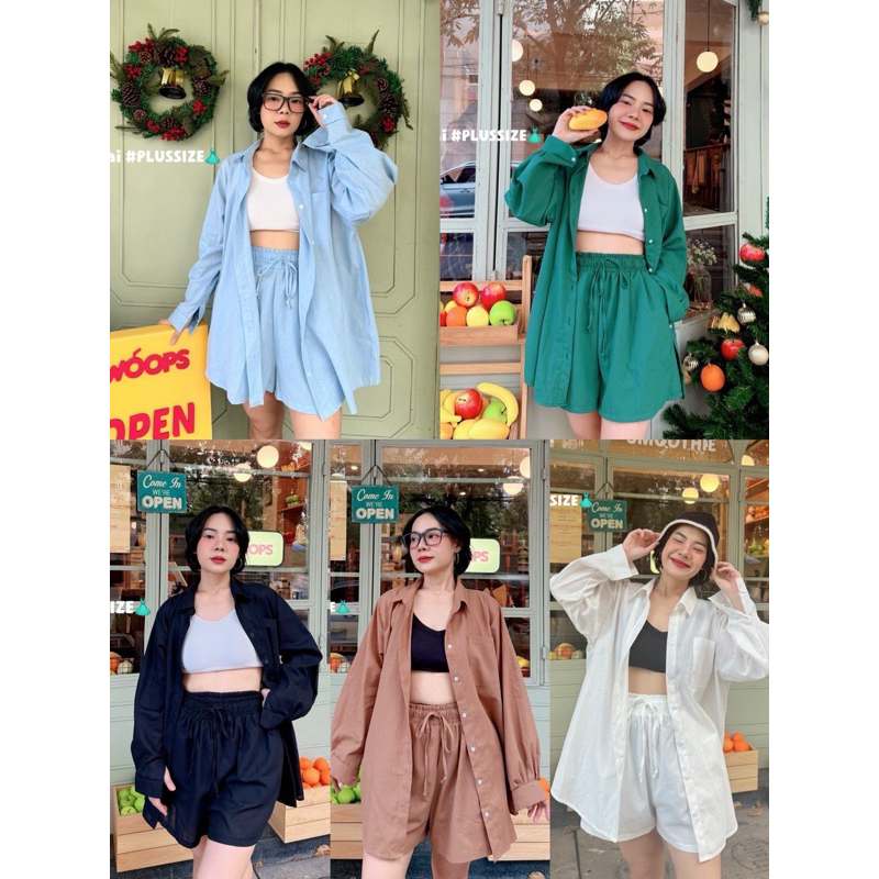 Set2ชิ้น เสื้อเชิ้ตOversized + กางเกงขาสั้น อก40-50นิ้ว plussize ชุดเซทสาวอวบ