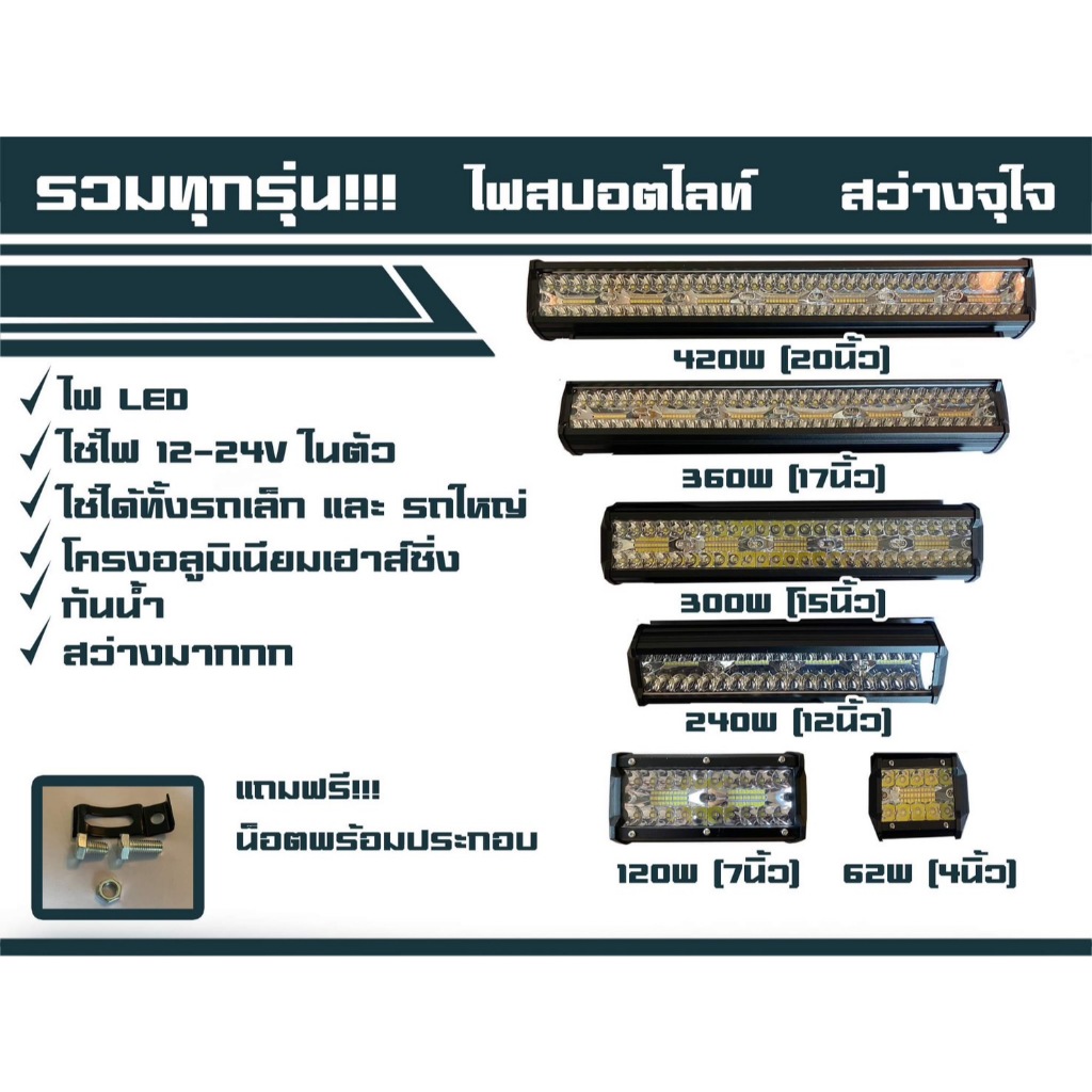 ไฟสปอตไลท์รถบรรทุก แสงสีขาว รวมรุ่น หลายขนาด ไฟ12-24v กำลังไฟ 60w-420w (ราคาต่อดวง)