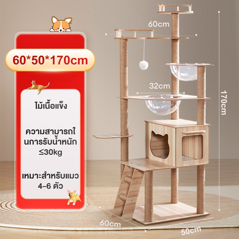 คอนโดแมว คอนโดแมวไม้ บ้านแมว 200CM เหมาะสำหรับเลี้ยงน้องแมว 4-6ตัว เสาลับเล็บ ขนาดใหญ่ สูง170CM รูปที่ 7