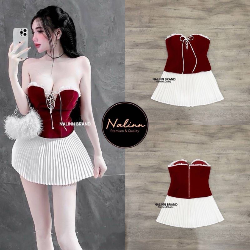 Nalinn SET เกาะอกกำมะหยี่สีแดง แต่งลูกไม้รอบอก ด้านหน้าผ่าวีลึก ถักเชือกผูกเป็นโบว์มาคู่กับกระโปรงจีบรอบตัวสีขาว