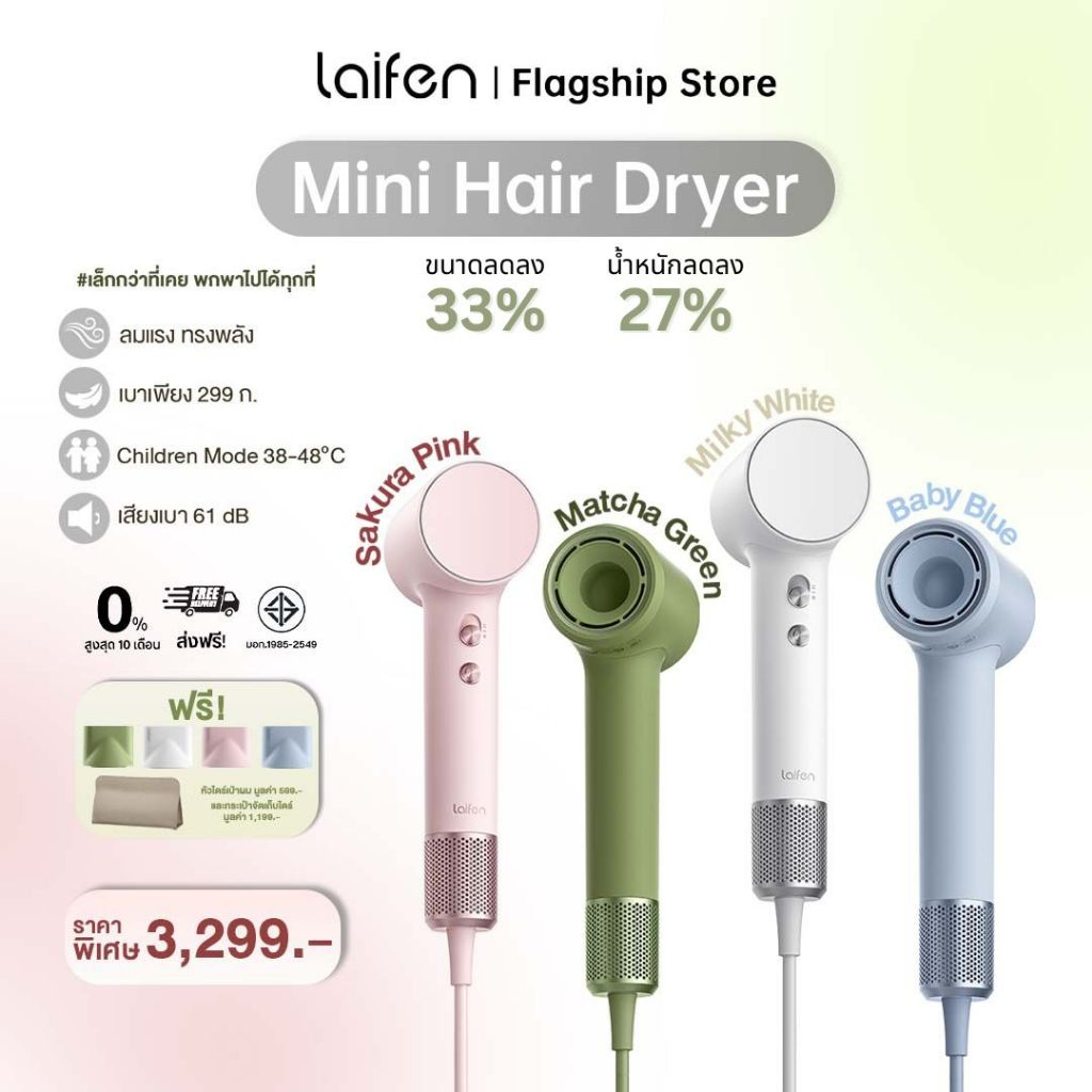 [New Arrival] Laifen Mini Hair Dryer ไดร์เป่าผม รุ่น Mini (+หัวไดร์,กระเป๋า) ปรับแรงลมได้ 3 ระดับ ผมแห้งสลวยภายใน 1 นาที
