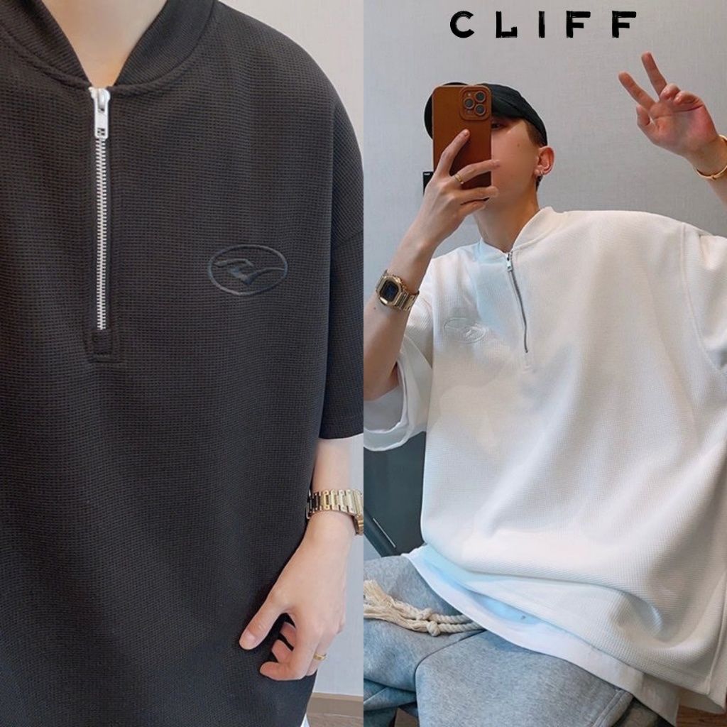 CLIFF ไบนารี แขนสั้นฤดูร้อน เสื้อโปโลผู้ชาย ครึ่งซิป ความเรียบง่าย และสง่างาม ขนาดใหญ่