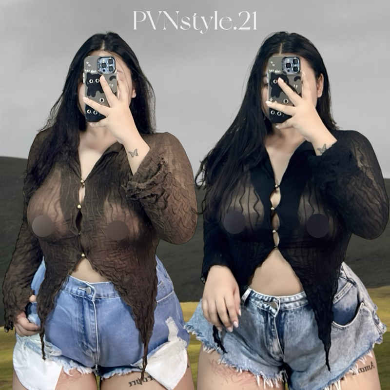 (ไซส์ใหญ่) เสื้อแขนยาวคอปกผ้าชีทรูตาข่าย อก36-50
