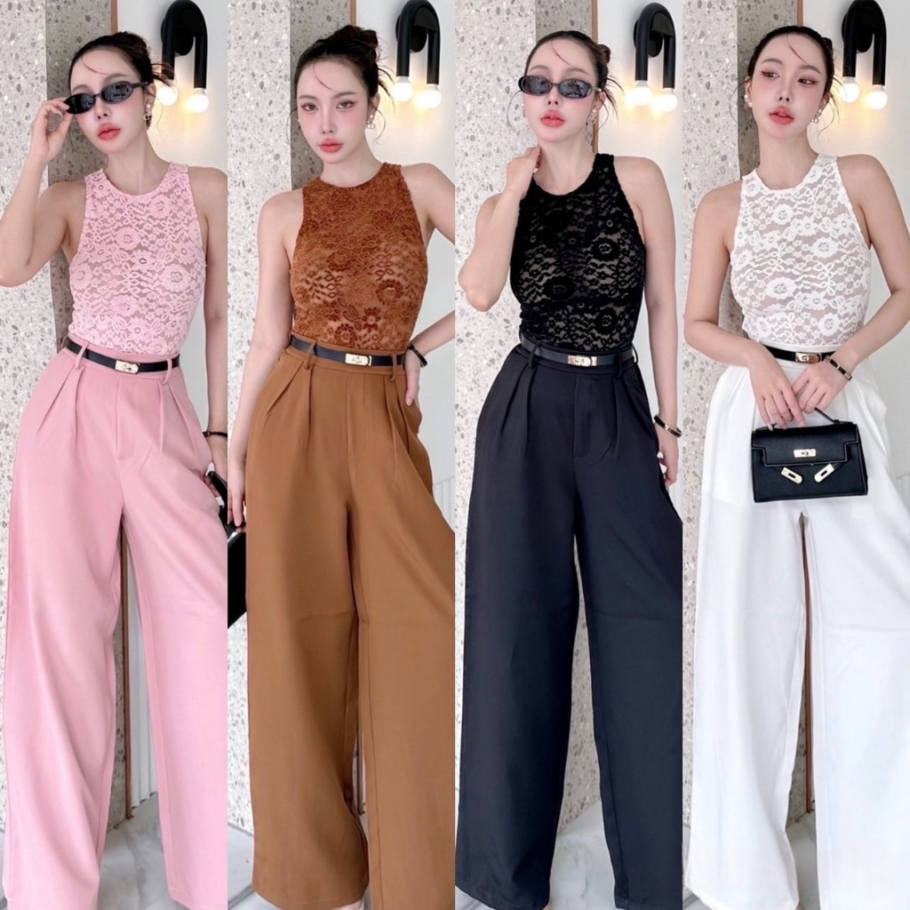 J25 ชุดเซ็ท เสื้อกล้ามลูกไม้ แมชกางเกงขายาว แถมเข็มขัด