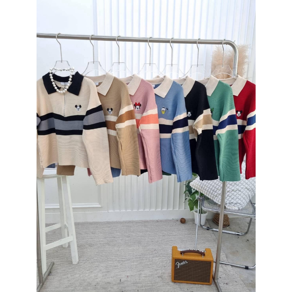 (T794)เสื้อคอปกแต่งซิปลายการ์ตูนแขนยาวผ้าไหมพรมถักนิ่ม