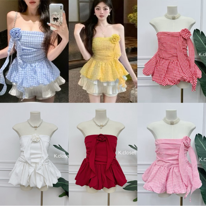 Balloon Rose Top เสื้อเกาะอกบอลูนแต่งดอกกุหลาบผ้าลายสก็อตข