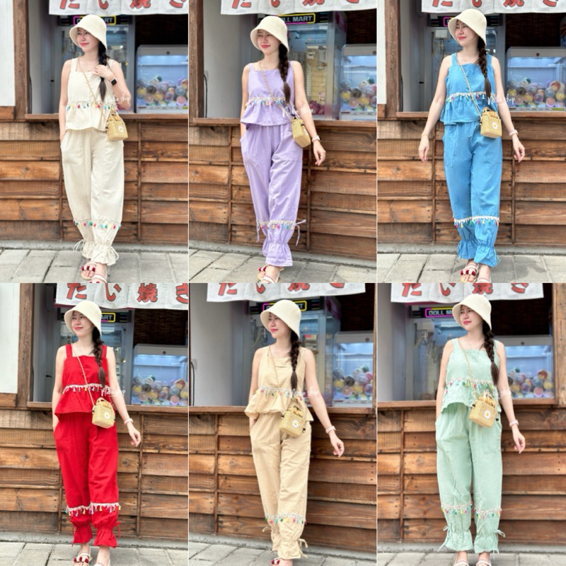 ชุดเซทฝ้ายผูกโบว์หลังขายาว