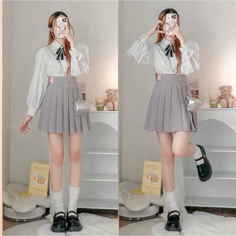 RIKA (ปล่อยต่อ เอว 24” สีเทา) น้องกระโปรงเทนริกะ🌛กระโปรงเทนนิส ป้ายหนังสีชมพู