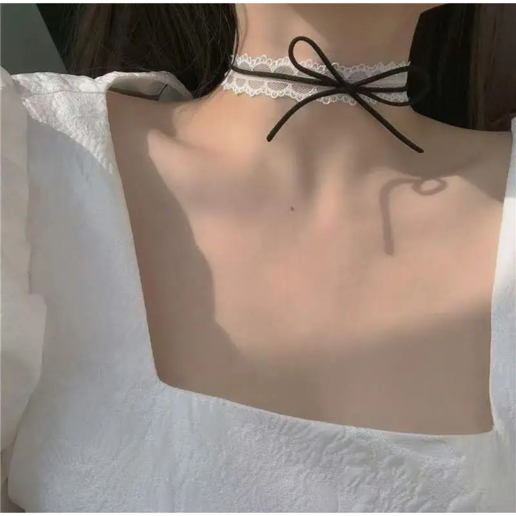 พร้อมส่ง˃̵ ᴗ ˂̵✦  โชกเกอร์ผ้าลูกไม้ผูกโบว์  𐙚📓 สีขาว / ดำ