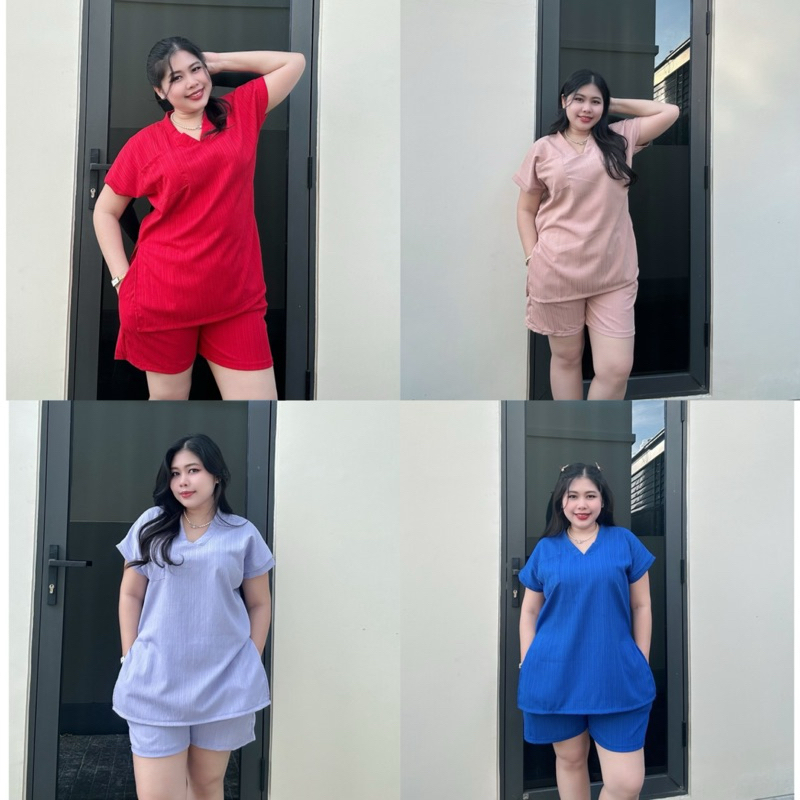 Vชุดเชต2ชิ้นคอวีผ้าเรนนี่สาวอวบใส่ได้ สบาย