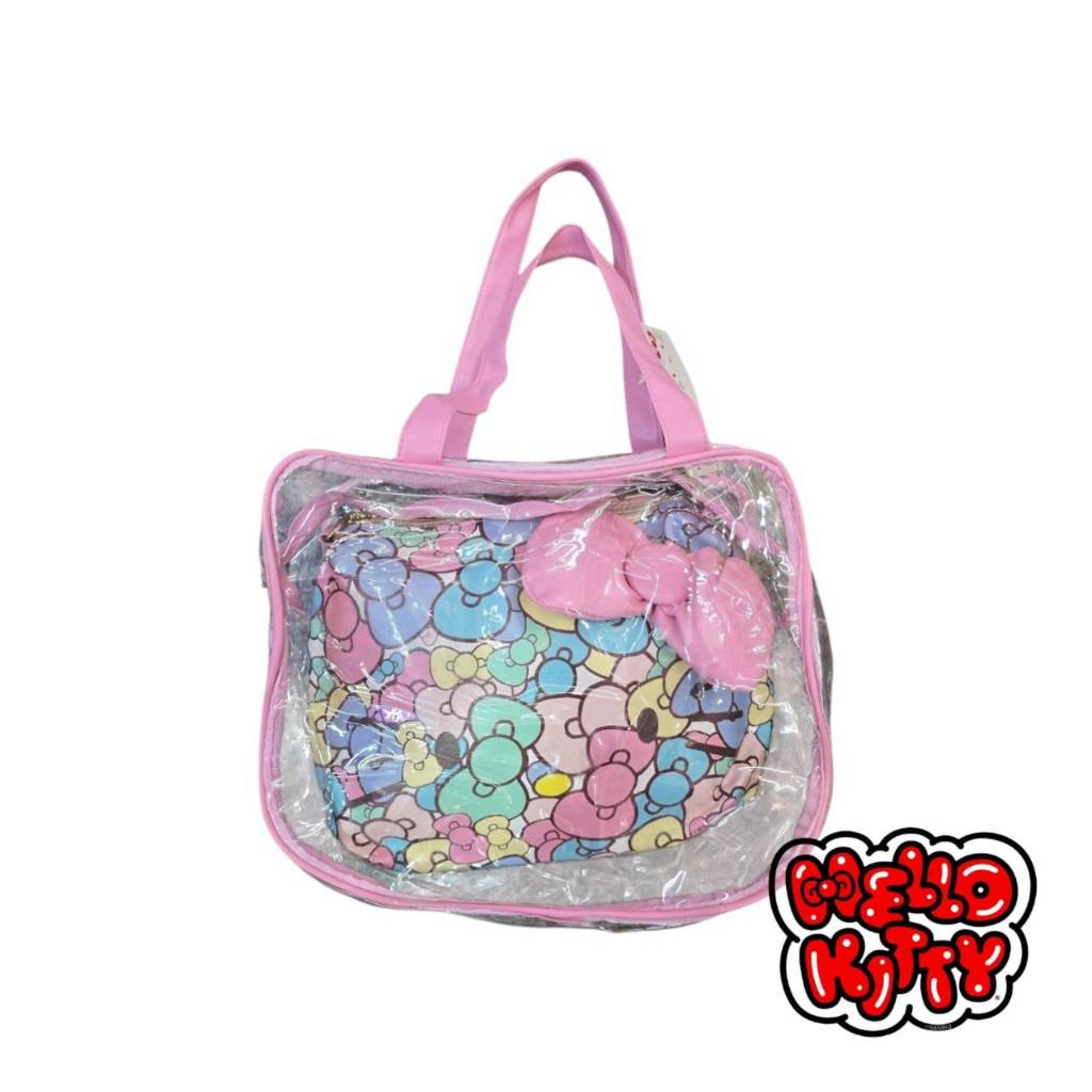 กระเป๋าหิ้ว Hello Kitty กระเป๋าชุด 2 ใบ ใบด้านในเป็นวัสดุหนัง PU กระเป๋าหิ้วด้านนอกเป็นพลาสติกใส PVC