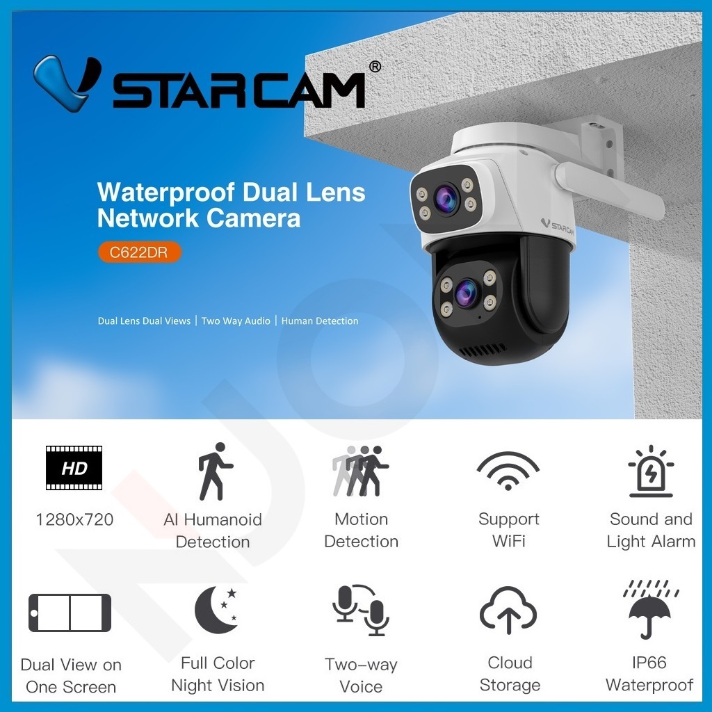 VSTARCAM C622DR กล้องวงจรปิดไร้สาย ความละเอียด 3MP 1296p เลนส์กล้องคู่ กลางคืนภาพสี Ai + แจ้งเตือน