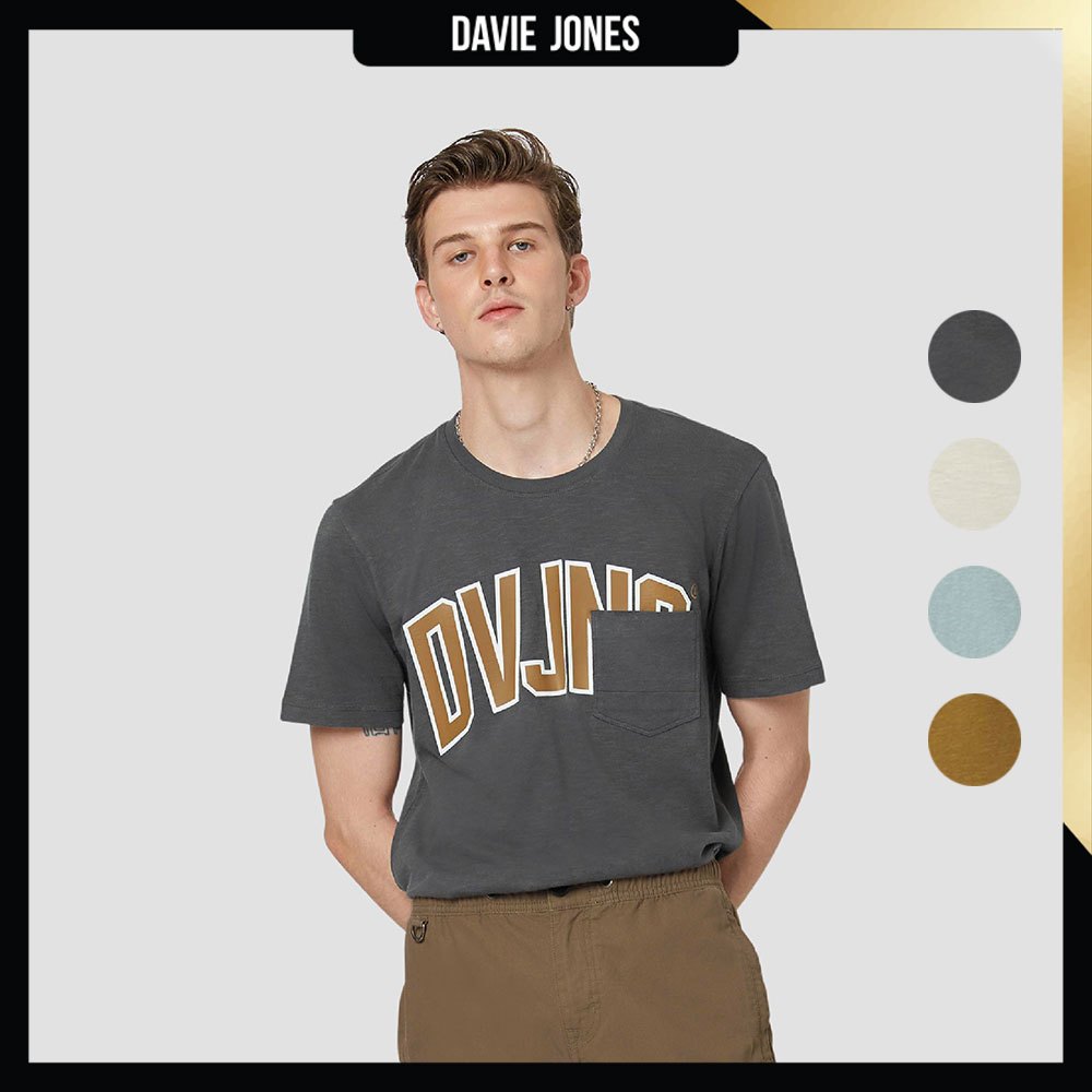 DAVIE JONES เสื้อยืด Logo Regular Fit T-Shirt LG0052 สีเทา ครีม เขียว น้ำตาล