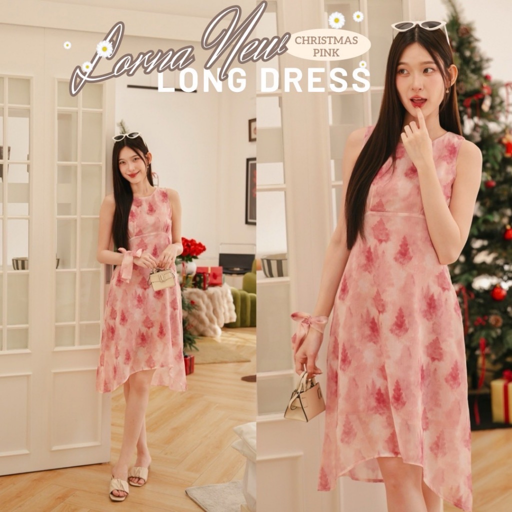 รุ่น Lorna Long Dress ลายปริ้นท์เอง จะเฉียงทำมุมไม่เหมือนกันเเต่ละตัว เดรสยาว ผ้าลายปริ้นส์